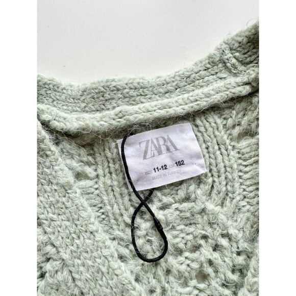 Girls' ZARA Light Green Cable Knit Embroidered Cardigan Sweater, Size 11-12 - Picture 5 of 8